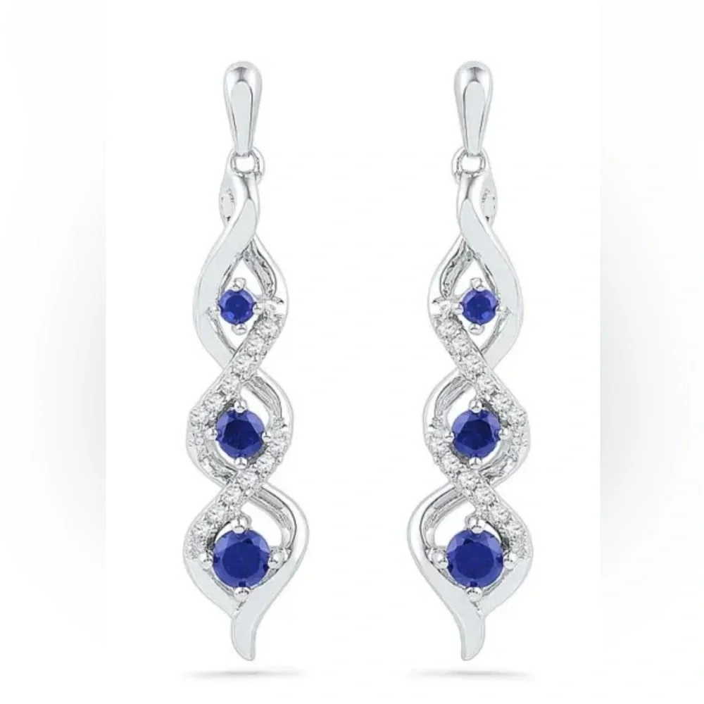 New Beautiful Sterling Silver Blue White Sapphires Drop Earrings